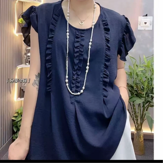 韩系减龄小飞袖自带褶皱感荷叶边上衣衬衫