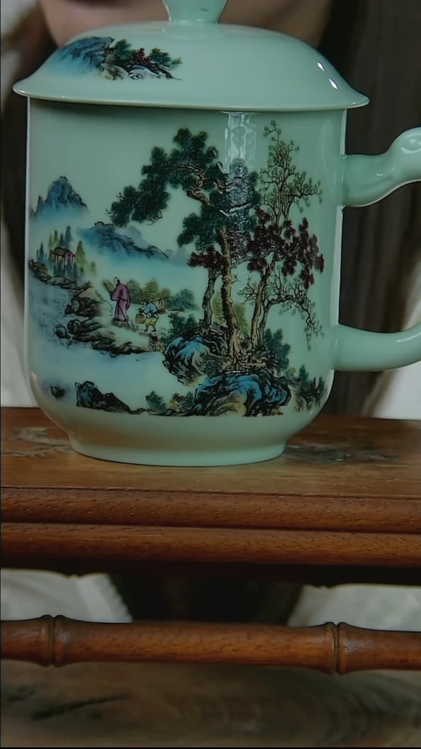 摆件陶绿稀土山水龙把办公杯