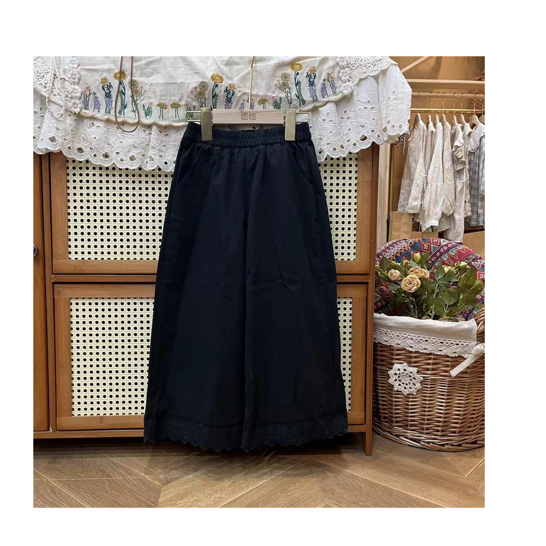 〖姐姐家〗2025春款儿童萌娃穿搭黑色脚口蕾丝阔腿长裤sy3375