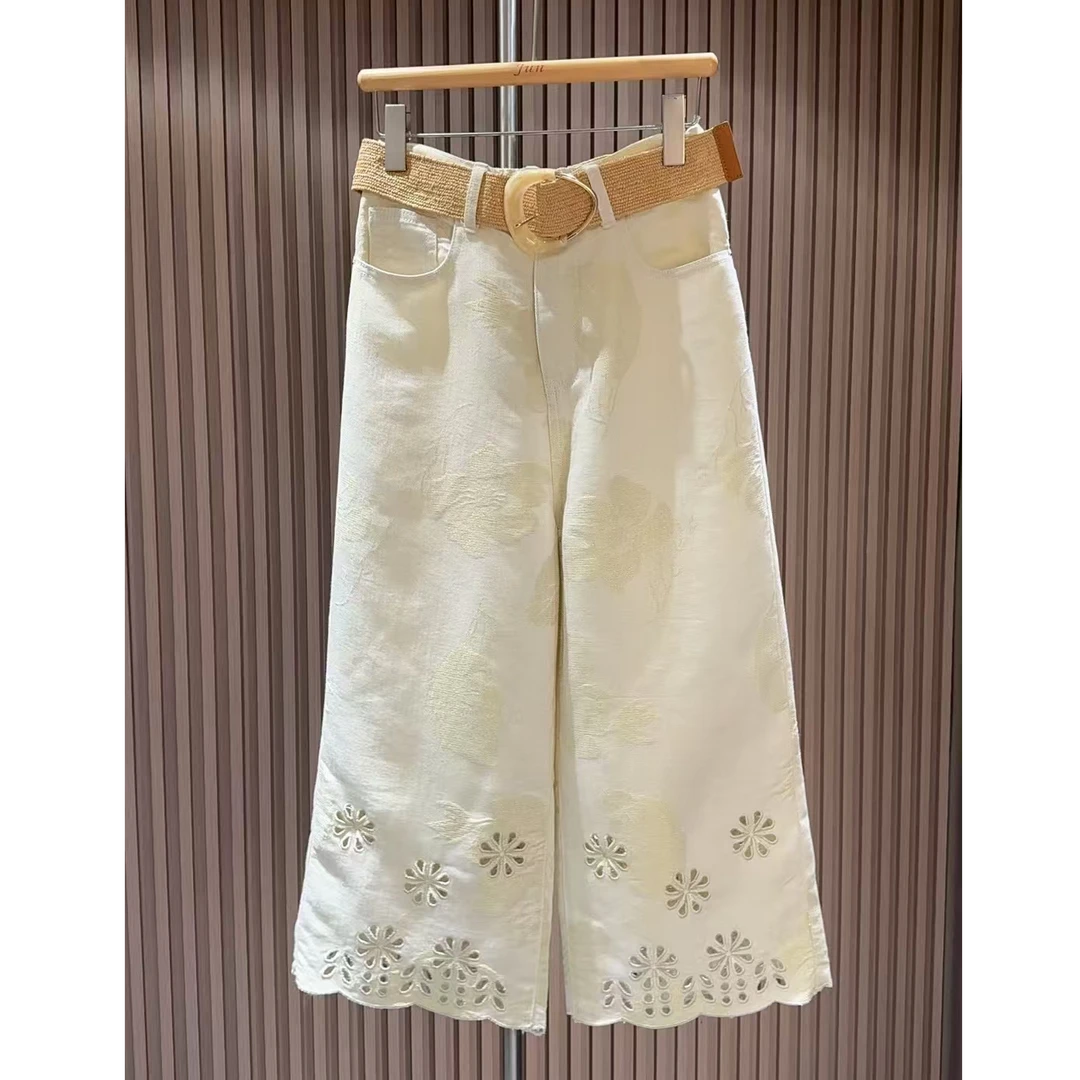 2025夏休闲直筒裤水洗刺绣花朵图案镂空薄款宽松大码阔腿牛仔裤女