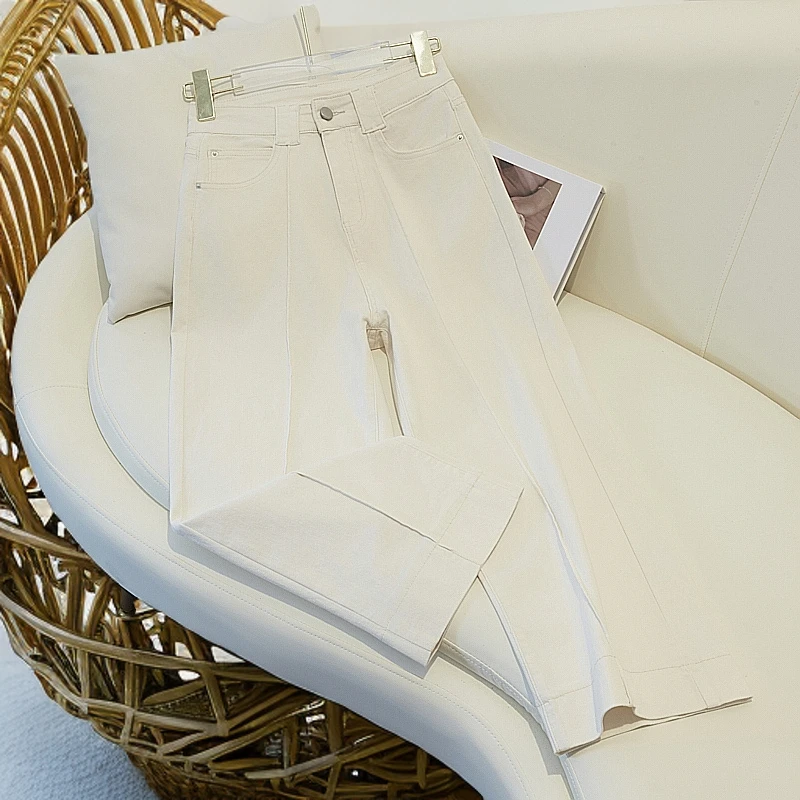 杏色窄版九分直筒牛仔裤女夏季薄款高腰宽松显瘦百搭烟管裤休闲裤