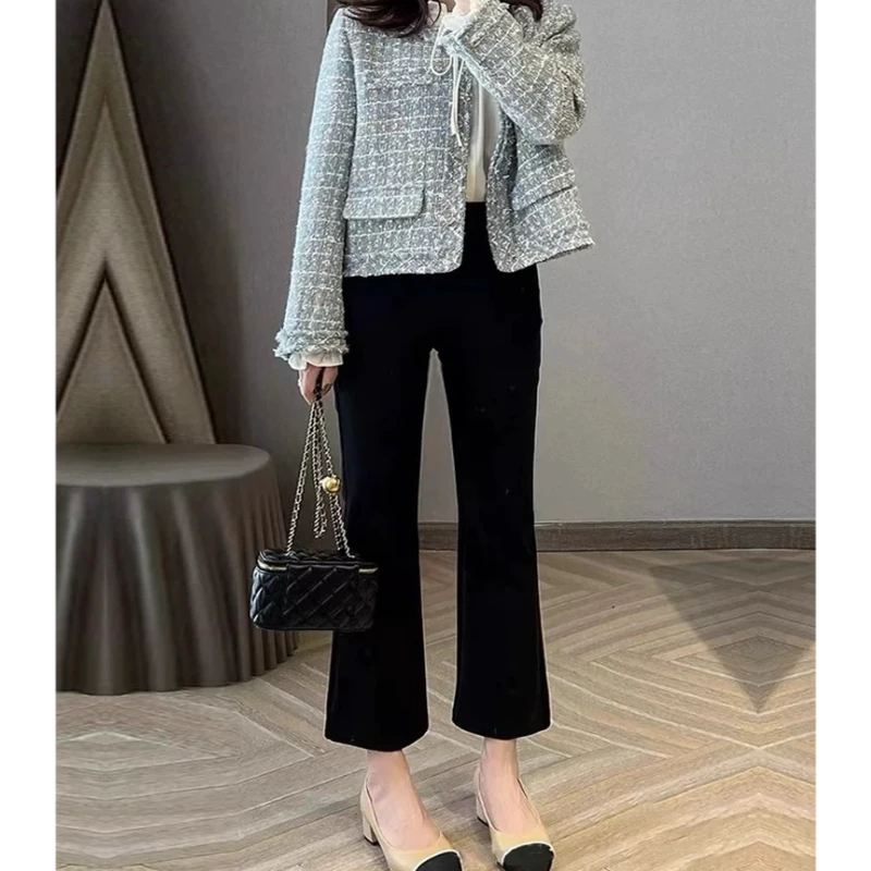 黑色微喇裤显瘦高腰弹力松紧腰遮肉万向弹直筒九分裤休闲百搭舒适