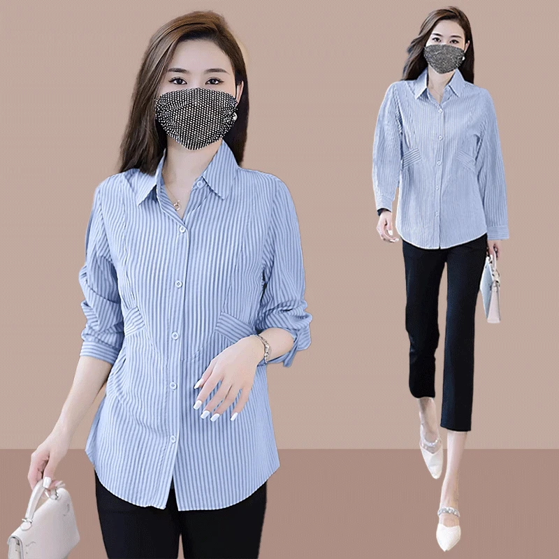 女士长袖衬衫2025春夏季新款时尚遮肚子条纹衬衣时尚减龄女装上衣