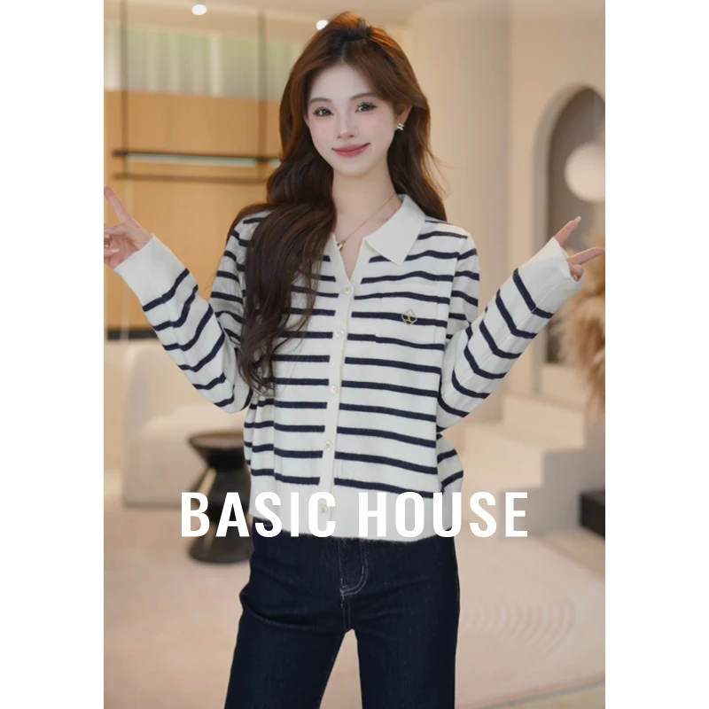 Basic House/百家好秋季新款条纹轻职风百搭针织开衫B1195B50C52