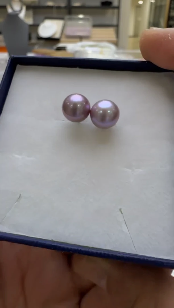 银S925镶嵌淡水珍珠耳钉10-11mm 紫珠