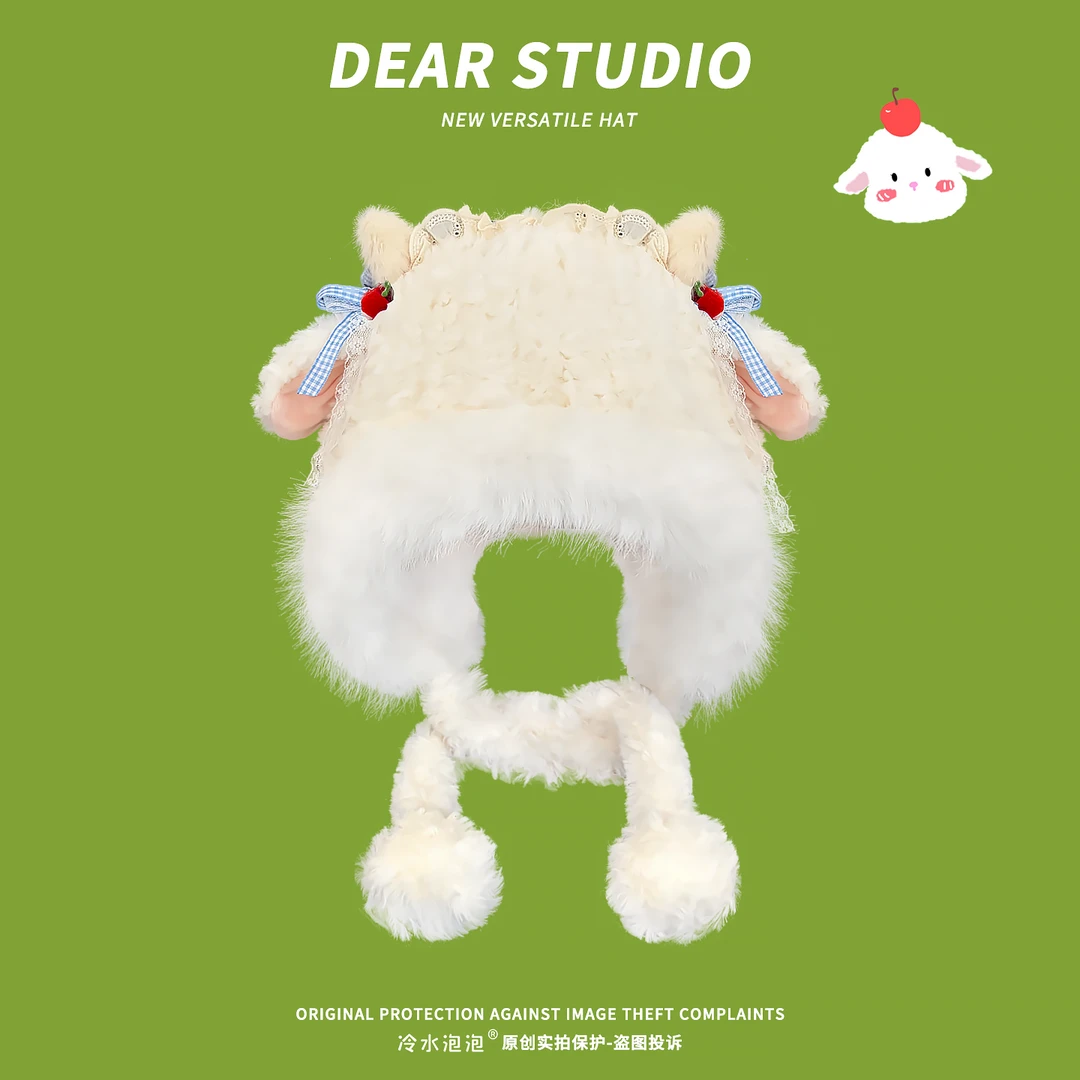 可爱蝴蝶结小羊毛绒帽女冬季新款耳朵会动帽子加绒加厚保暖雷锋帽