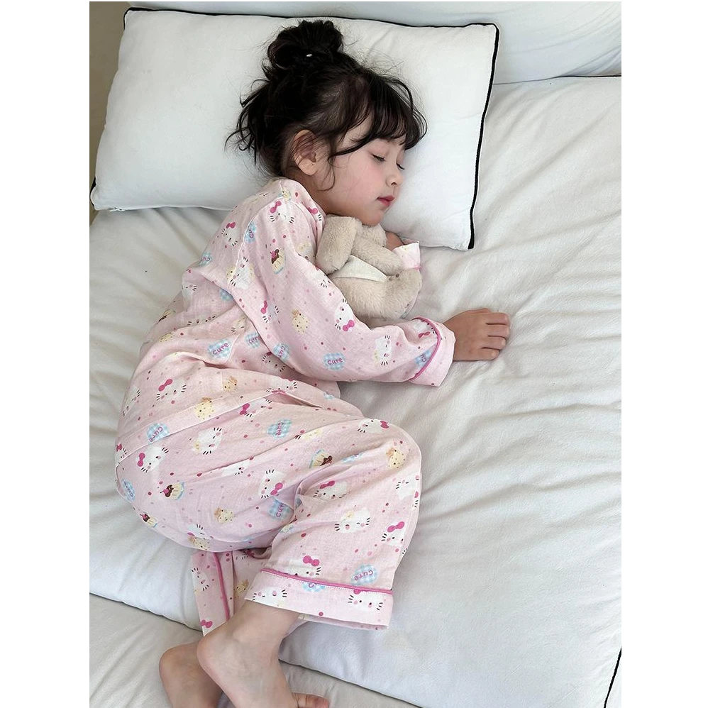 儿童可爱卡通kitty猫睡衣女童装春秋季长袖棉感空调可外穿家居服