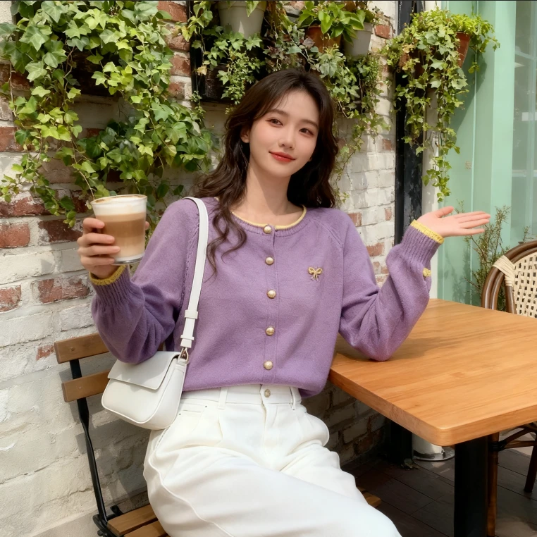 紫色针织开衫毛衣大码女装2025秋冬新白月大微胖女款拼接打底衫