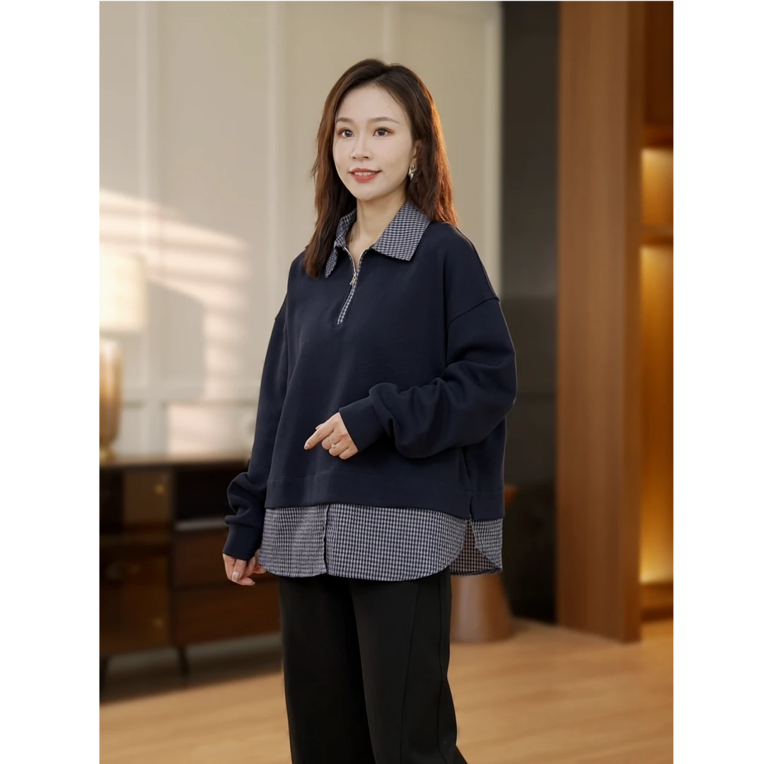 衣品乐微胖大码长袖拼接翻领假两件卫衣女秋季上衣MA06