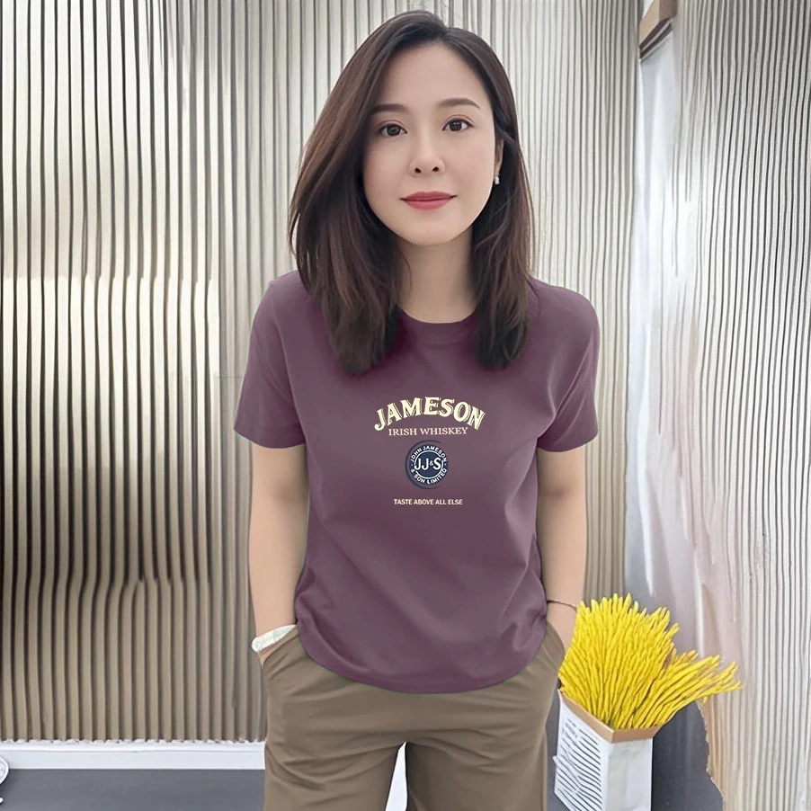 女士宽松大码圆领印花时尚休闲百搭显瘦上衣2025新款夏季短袖t恤