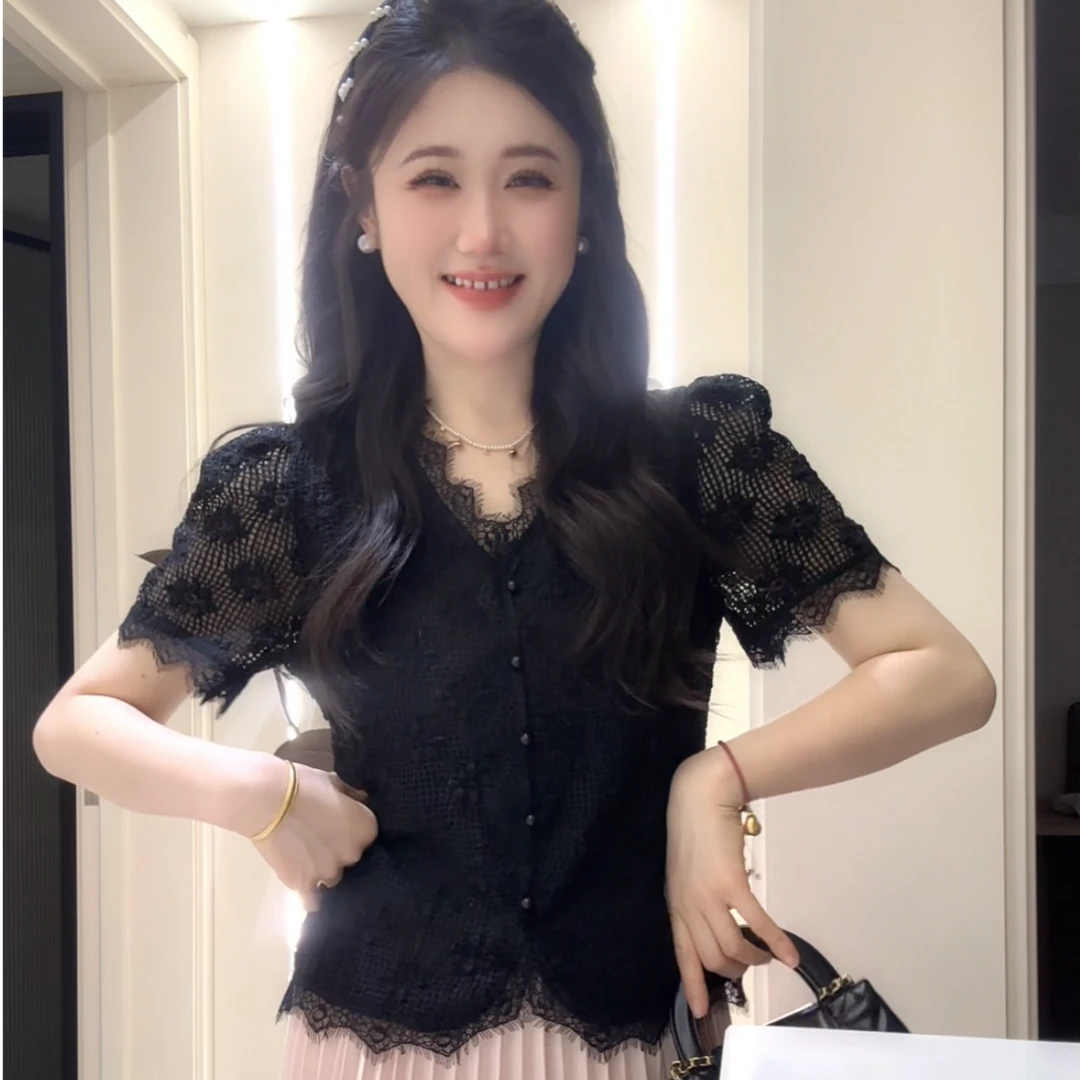 蕾丝勾花短袖女时尚宽松休闲百搭短袖上衣2025年纯欲慵懒风女装