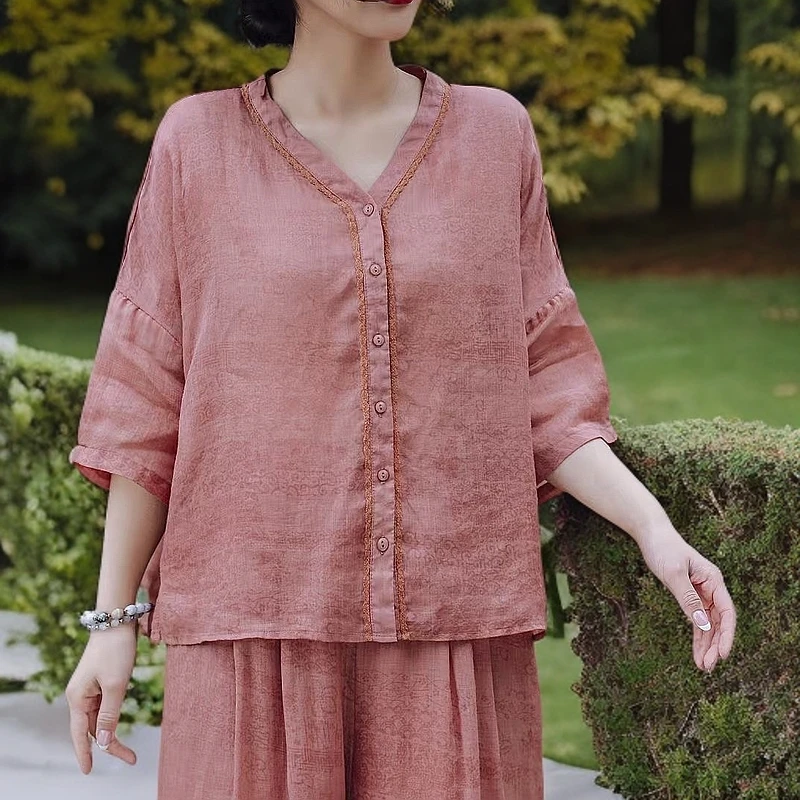 苎麻烧花衬衫纯麻开衫9055大码显瘦时尚休闲上衣宽松气质中袖女装