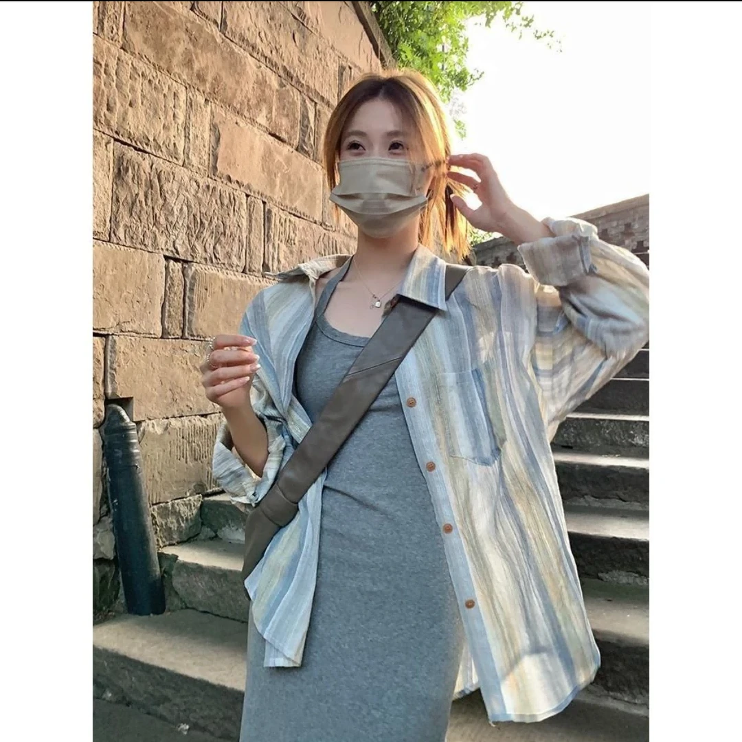 2025时尚条纹衬衫长袖小清新长袖防晒女宽松显瘦薄外搭外套复古