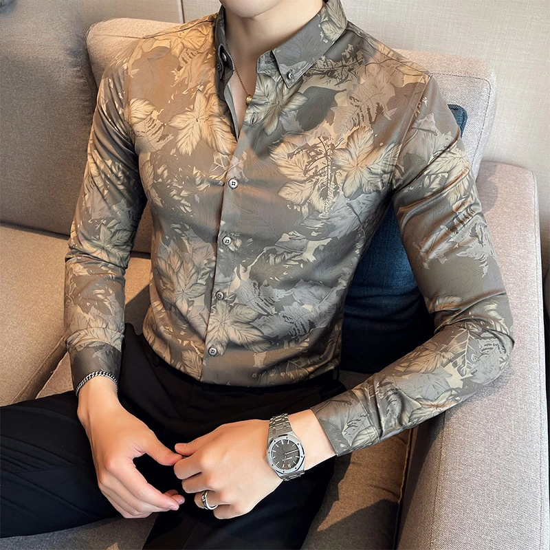 潮牌痞帅小众设计感花衬衫男秋季高级感个性帅气休闲修身长袖衬衣