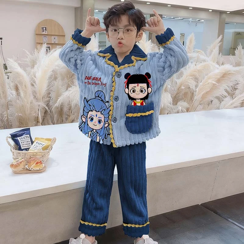 秋冬季儿童珊瑚绒法兰睡衣男童大童男孩加厚款2025新款家居服哪吒