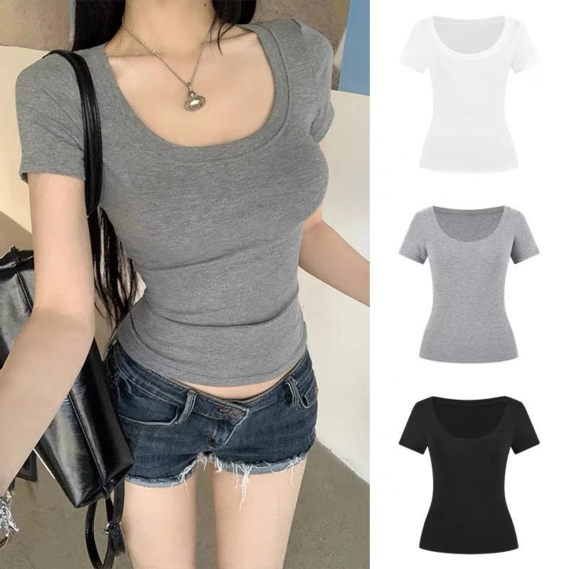 2025夏季大U领正肩短袖T恤显瘦修身纯色百搭基础款辣妹短款上衣女