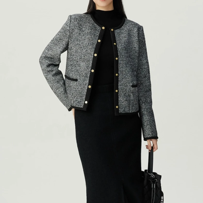 GIRDEAR/哥弟新款压缩绵羊毛精致圆领短款千金小香风外套