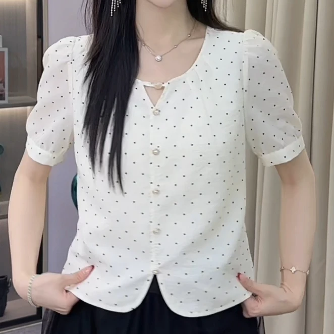 2025法式波点圆领短袖夏季新款衬衫温婉大方时尚百搭显瘦减龄上衣