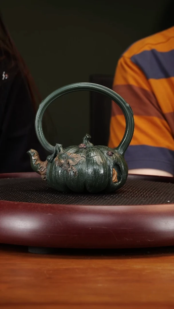 茶壶紫砂13CYL南瓜提梁 鸣远绿泥260cc