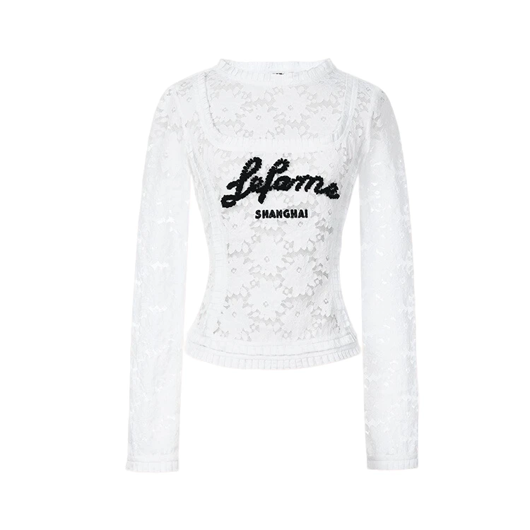 LeFame/拉飞姆2025春蕾丝打底衫长袖白色百搭春季FF25C11SB315