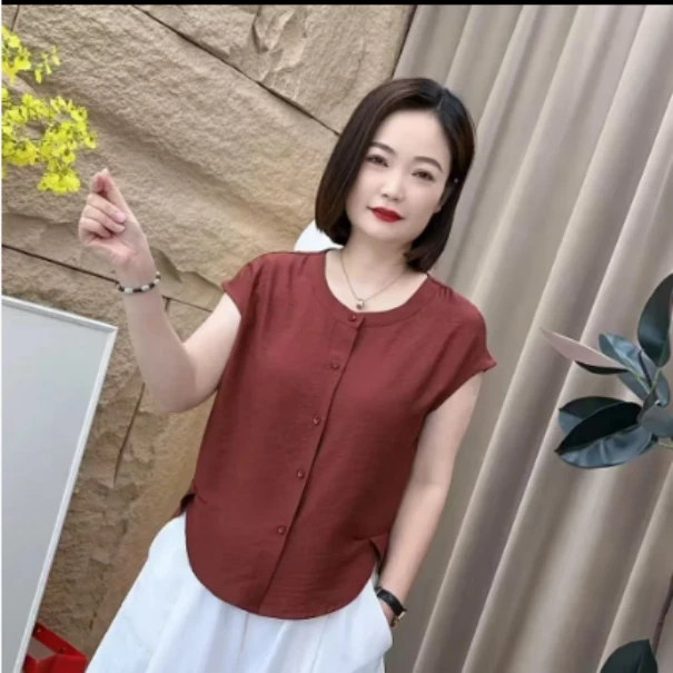宽松型衬衫小衫薄款纯色百搭夏季复古风常规韩版圆领休闲