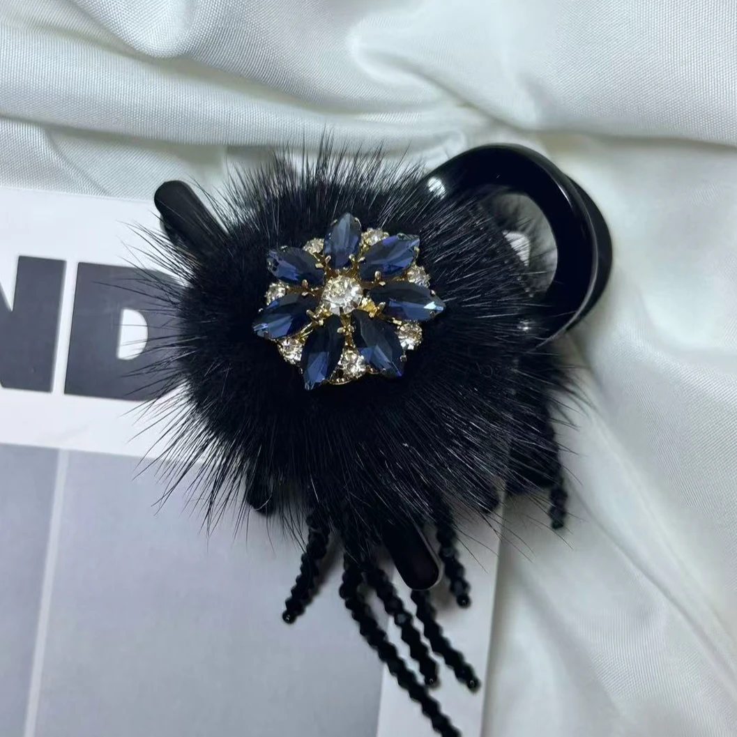 韩国轻奢重工施家水钻手工水貂毛抓夹8厘米 0042