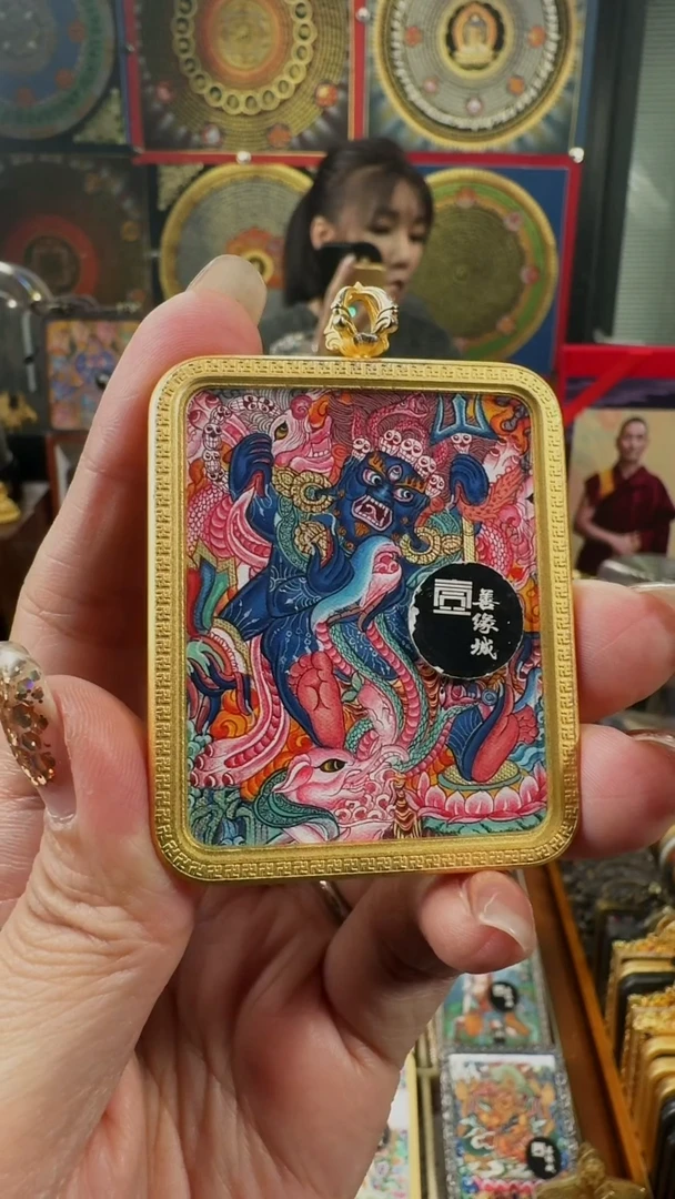 吊坠壹善缘城手绘唐卡六臂大黑天双面送防水壳