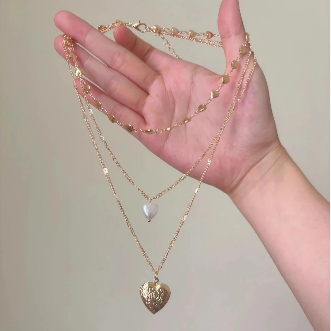 铜合金项链 可打开爱心多层叠戴项链女复古高级感锁骨链气质颈链
