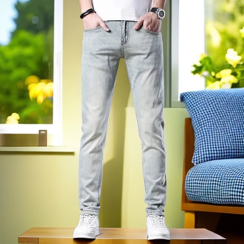 娜罗普西牛仔新款春夏牛仔裤男青年时尚百搭显瘦小脚弹力泼墨裤子