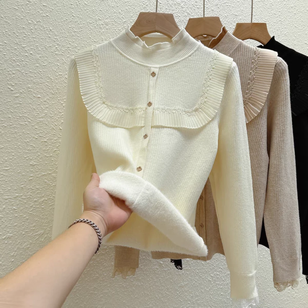 【君君家】秋冬一体绒半高领蕾丝花边针织加厚修身打底衫女内搭针织