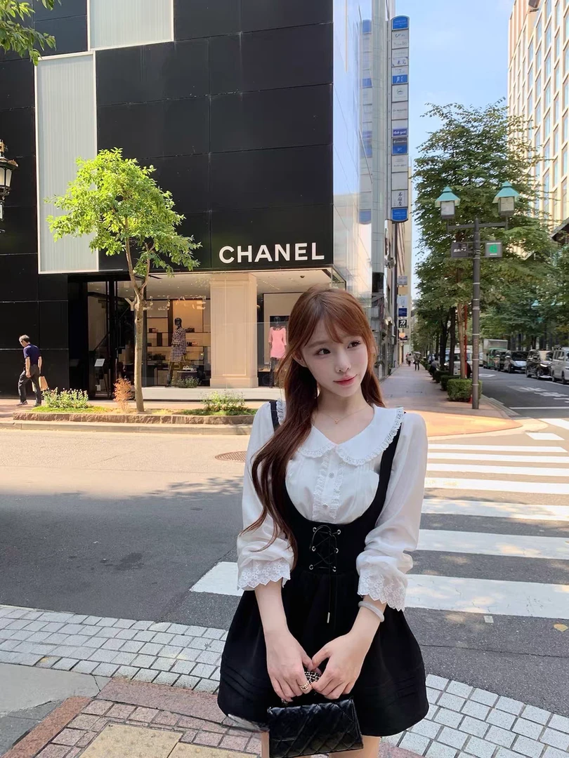 浮茶月光 精致千金感娃娃领蕾丝长袖衬衫法式背带裙收腰显瘦短裙