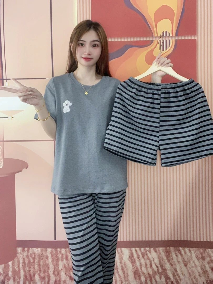 （拍一发三）夏季睡衣女棉质短袖带胸垫圆领宽松可外穿家居服套装