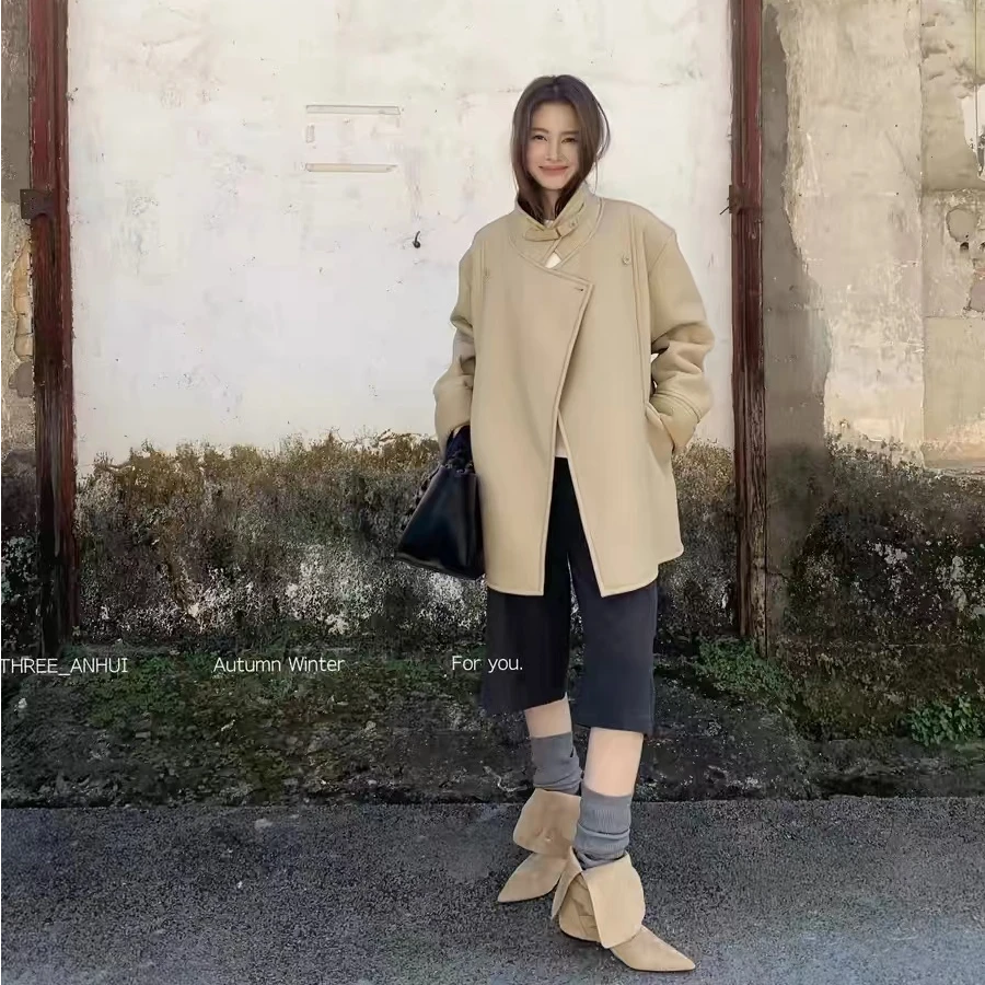 ZX577时尚复古宽松显瘦立领皮毛一体外套女2024秋冬皮夹克