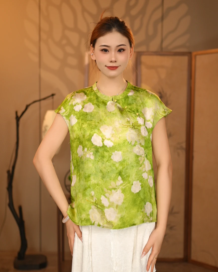 【天香国色飞袖短款】春夏国风奥黛无袖T恤 新中式提花盘扣马甲227