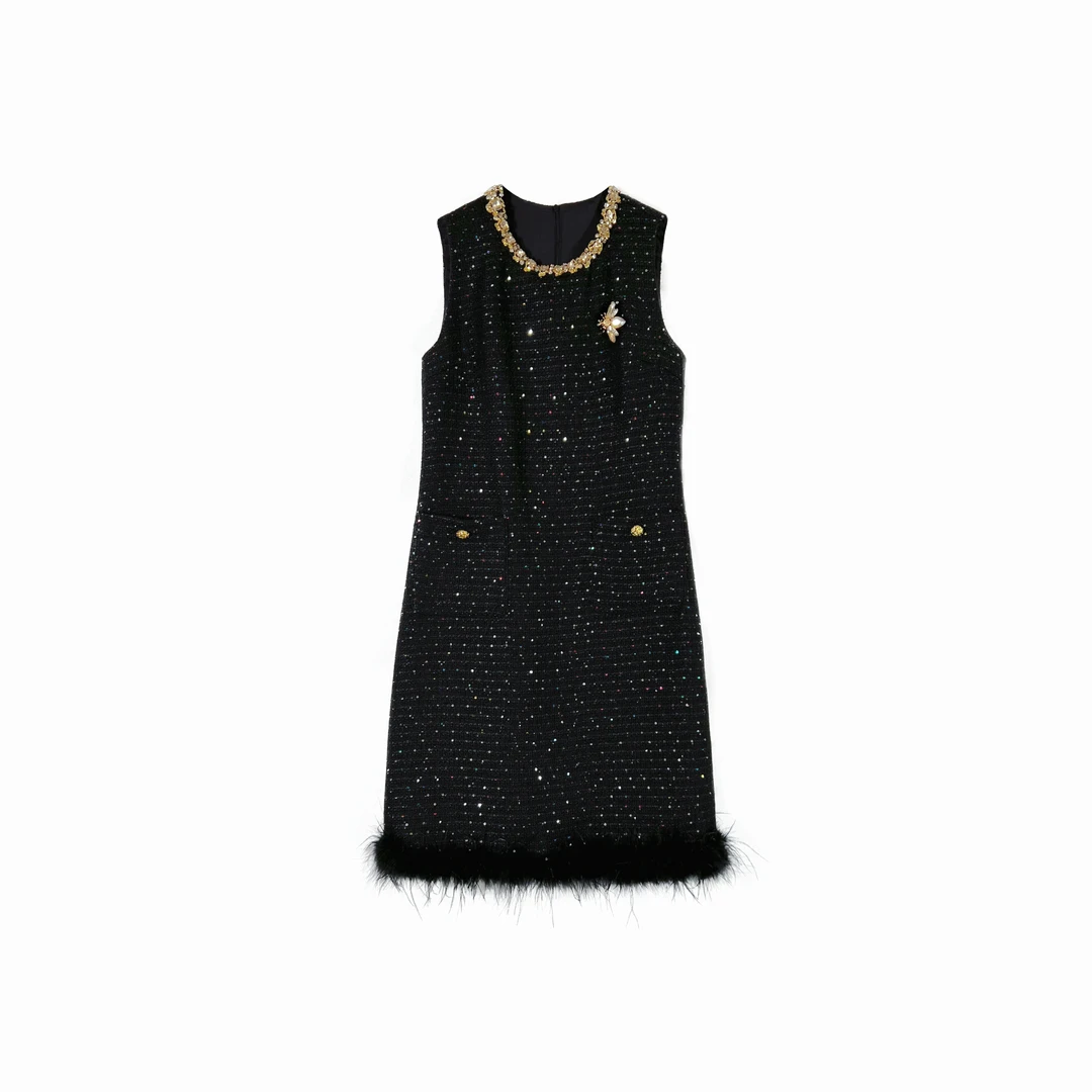 【九羽】法式黑色小香风亮片无袖连衣裙女2025新款显瘦气质裙L357