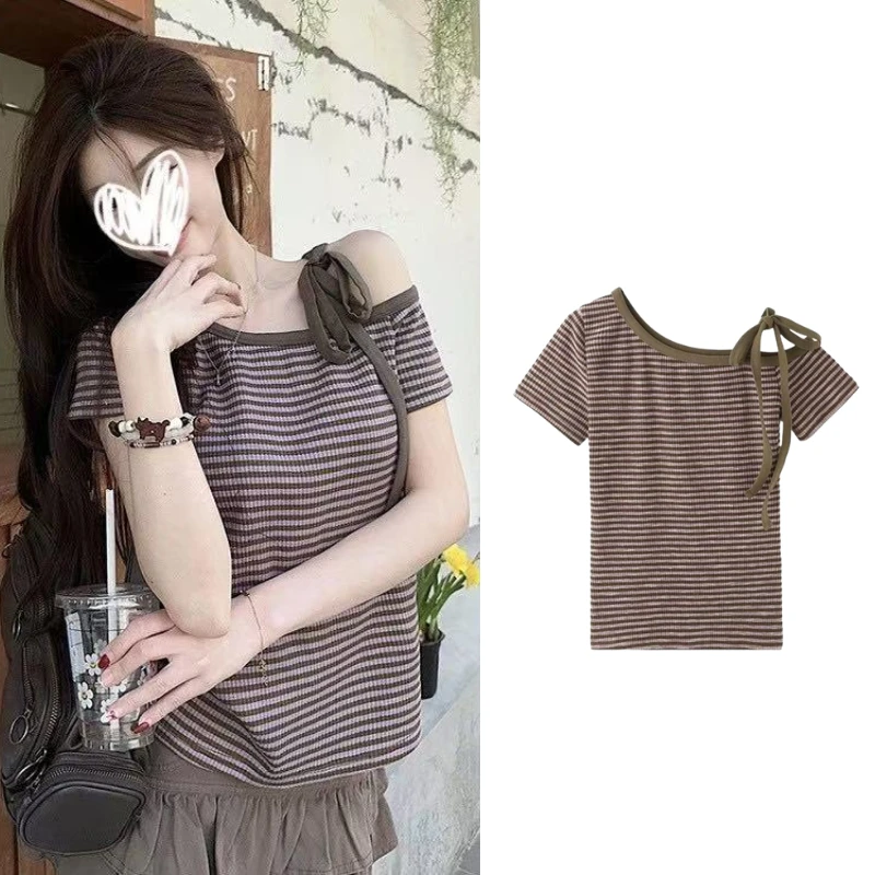 紫色条纹斜肩短袖t恤女2025夏新款修身绑带露肩撞色辣妹小众上衣