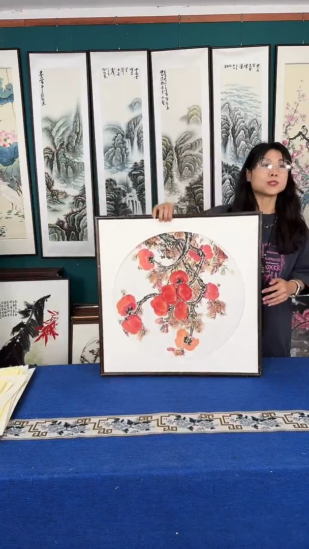 国画柿柿如意实木装裱63*63