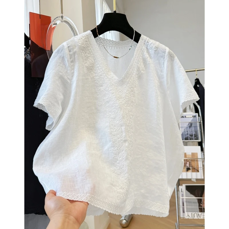 高级感轻奢重工刺绣V领亚麻短袖小衫女夏超好看法式上衣独特衬衫