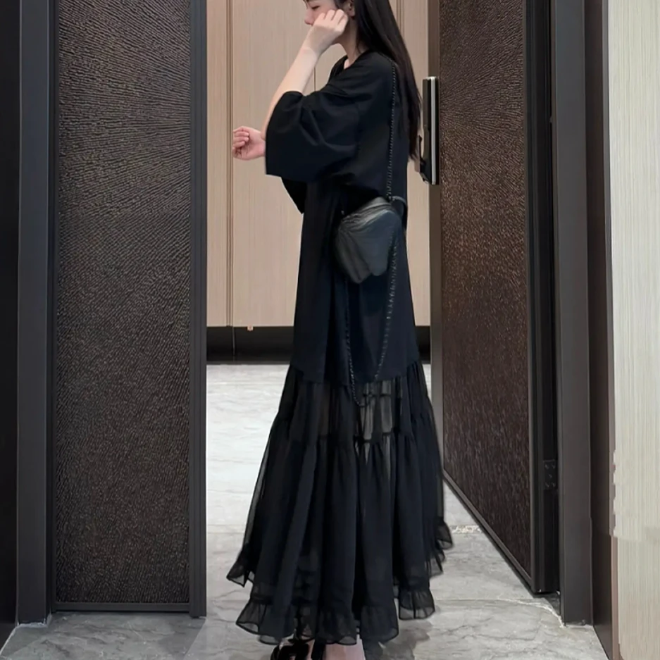 『』散边多层领口显瘦小V领拼接纱摆气质长款短袖连衣裙女