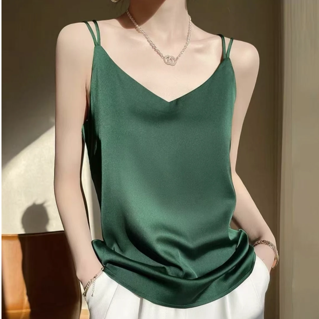 美背V领新国风吊带气质宽松内搭打底纯色设计感桑蚕丝女吊带背心