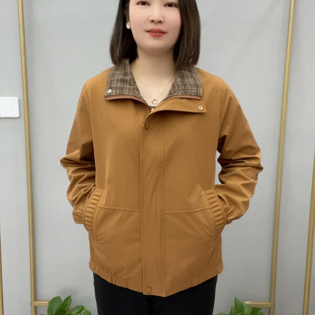 立领格子风衣女春款中老年妈妈装时尚宽松型减龄百搭洋气夹克外套