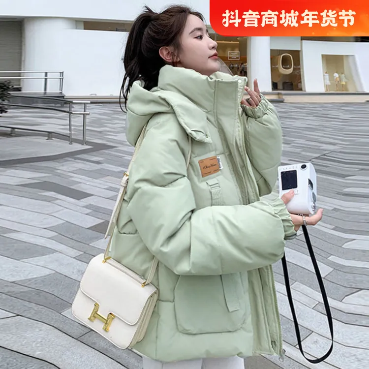 棉服女2025新款超长袖短款面包服加厚连帽棉袄潮