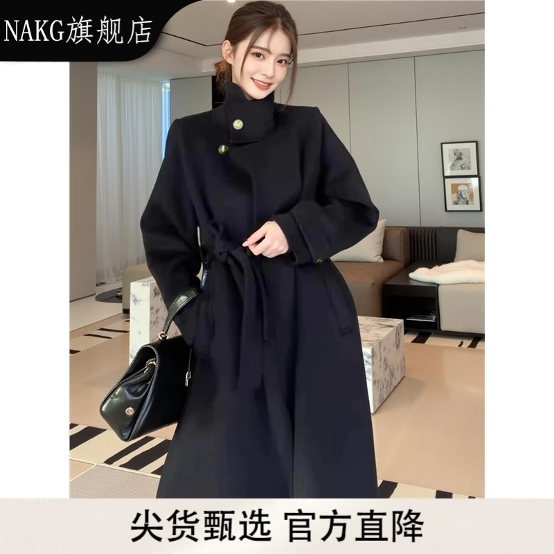 NAKG赫本风双面羊绒大衣女2025秋冬季韩系高级感中长款羊毛呢外套