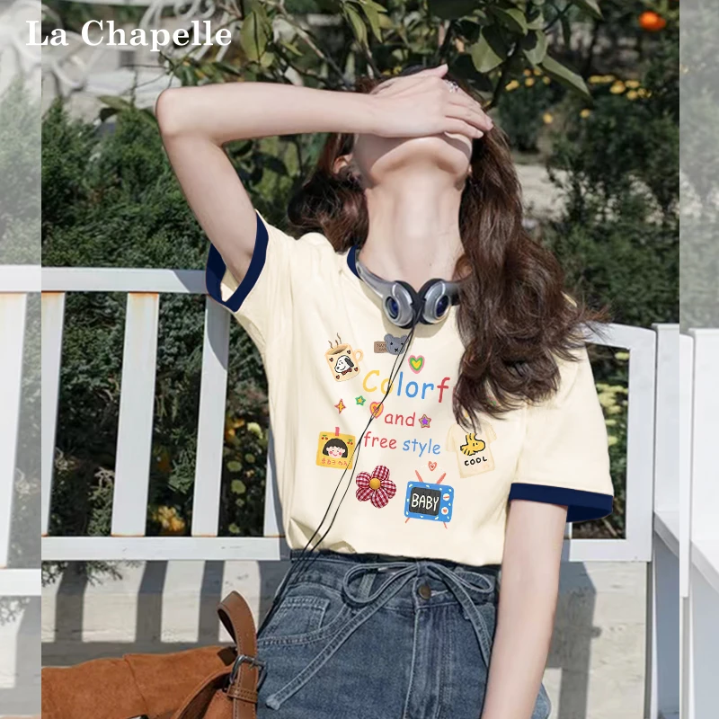 拉夏贝尔韩版纯棉短袖女款爆款2025新款撞色T恤夏季小众女装上衣