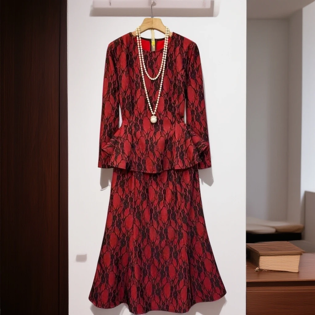 2025冬季新款【两件套】轻奢高级蕾丝收腰上衣+鱼尾半裙5287*