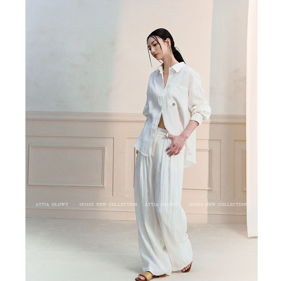ATTIA GLOWY 松弛有度 老钱风白色亚麻长袖衬衫女夏薄款防晒套装