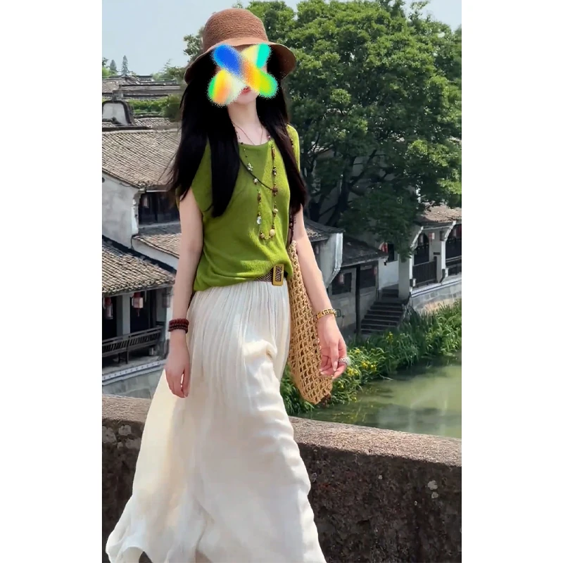 2025夏季上新露背设计百搭时髦短袖+百搭含腰带半身裙套装