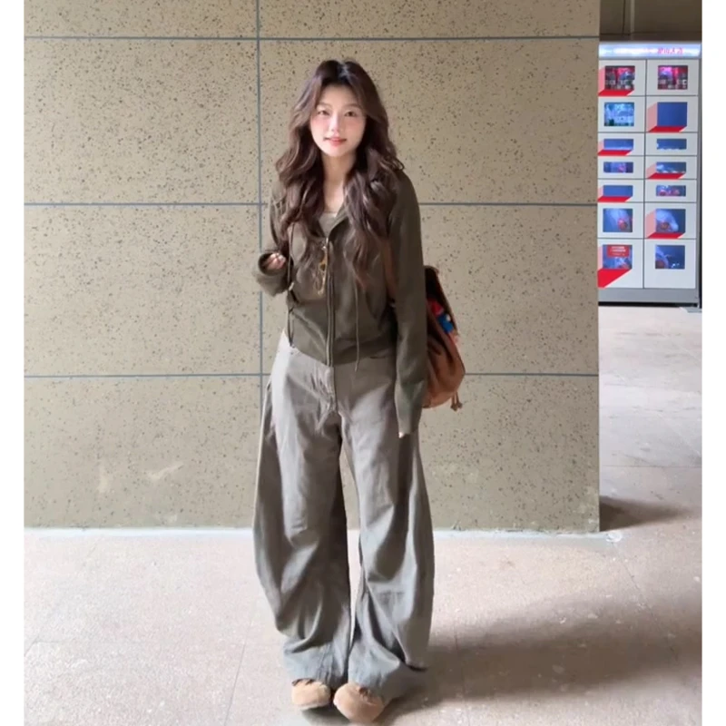 2025秋季新女韩系穿搭修身百搭长袖连帽开衫气质高腰显瘦阔腿长裤