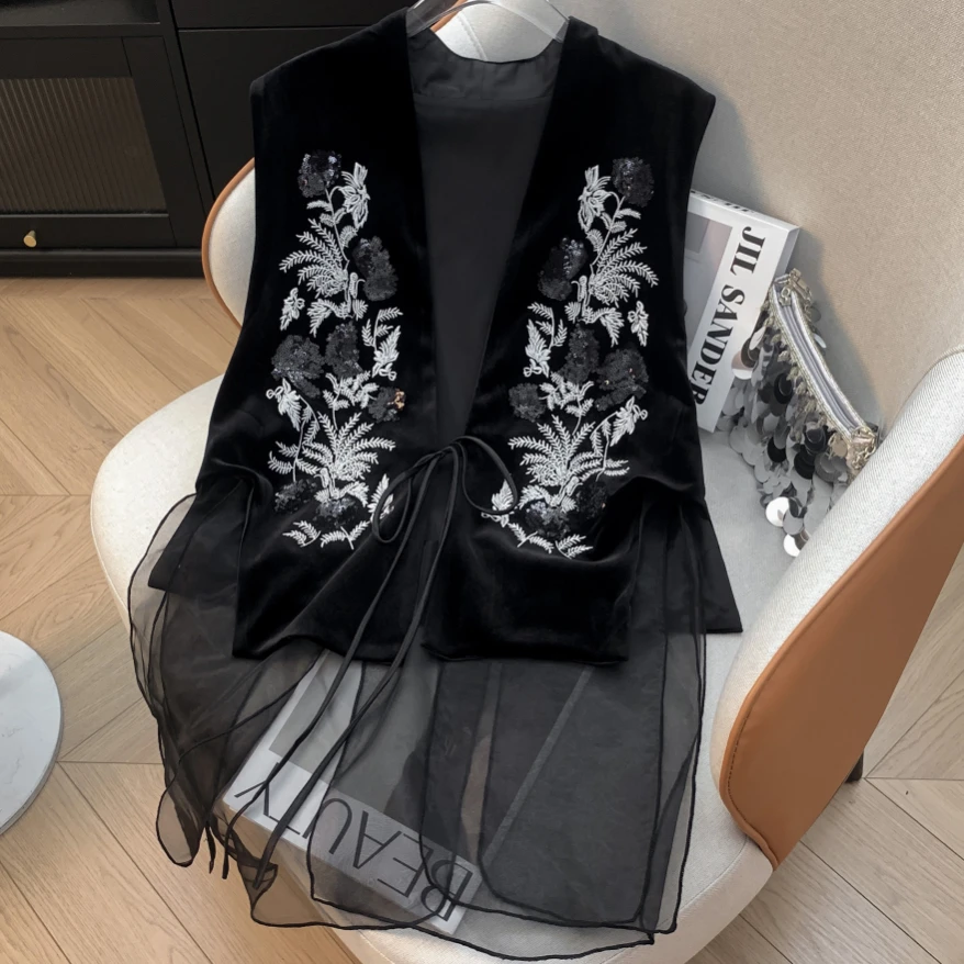 D999-3222【知秋XJ】早秋新品！高端重工刺绣国风丝绒叠穿拼接马夹