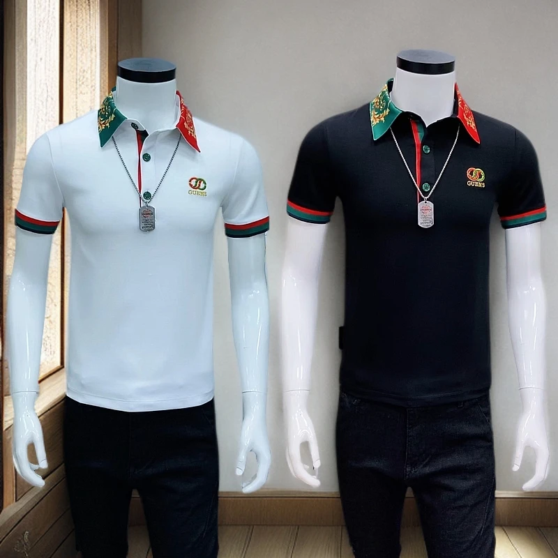 修身型欧版帅气潮流男士纽扣个性翻领Polo衫常规男时尚夏季半袖